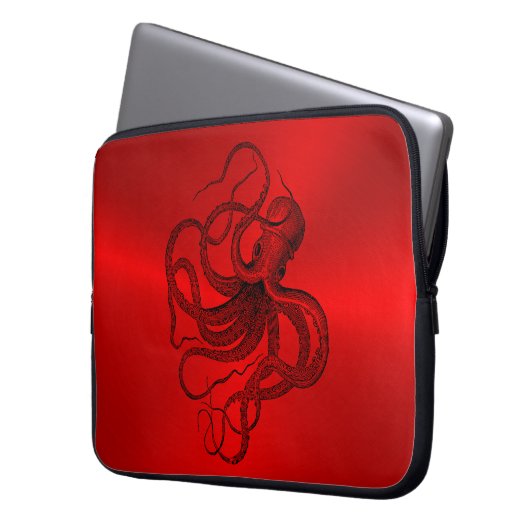 Roter Hintergrund mit schwarzem Wassertopus Laptopschutzhülle (Vorderseite Links)
