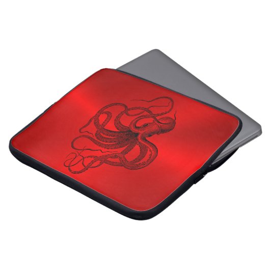 Roter Hintergrund mit schwarzem Wassertopus Laptopschutzhülle (Vorne Oben)