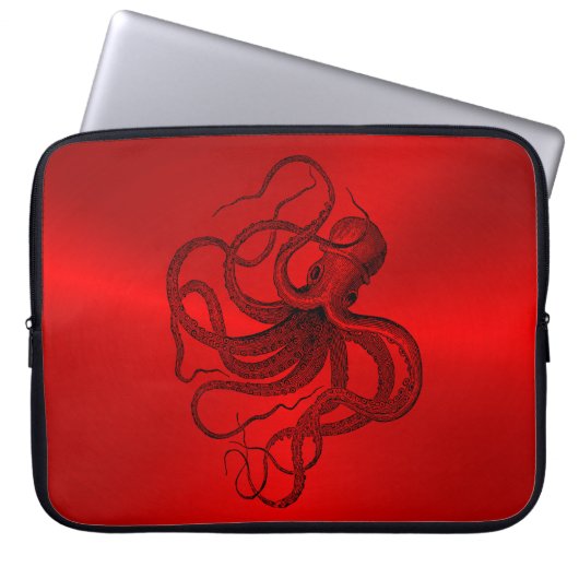 Roter Hintergrund mit schwarzem Wassertopus Laptopschutzhülle (Vorderseite)