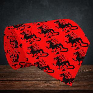 Roter Hintergrund schwarze walisische Drachen-Silh Krawatte