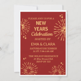 Roter Hintergrund und Feuerwerk glücklich neue Jah Einladung