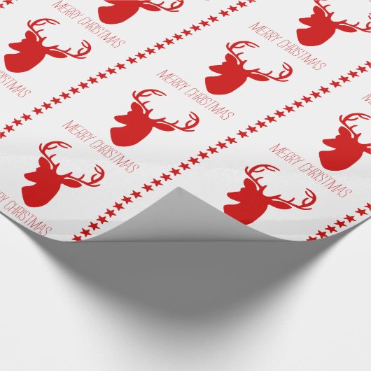 Roter Hirschkopf und Sterne mit Text frohe Weihnac Geschenkpapier (Ecke)