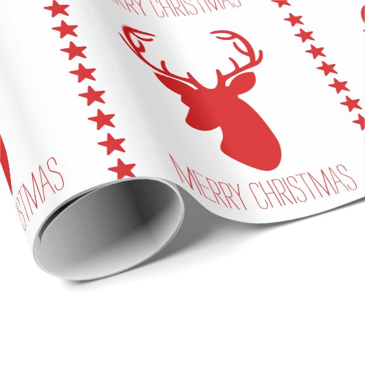 Roter Hirschkopf und Sterne mit Text frohe Weihnac Geschenkpapier (Rolleneckpunkt)