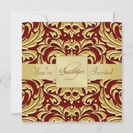 Roter Holiday-Damast Foil Monogram Einladung (Vorderseite)