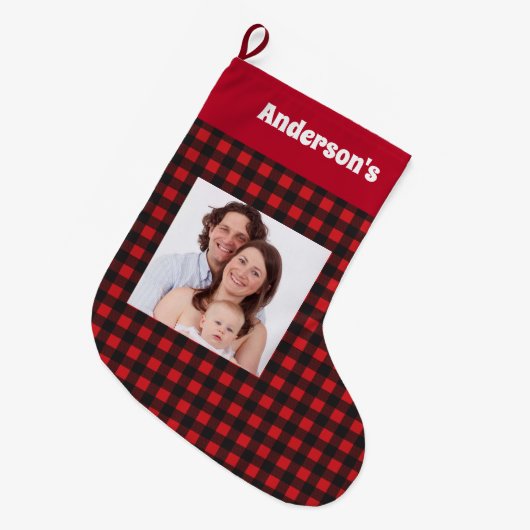 Roter Holzfäller-Muster-Familien-Foto-Name Großer Weihnachtsstrumpf (Vorderansicht (hängend))