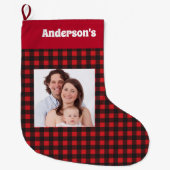 Roter Holzfäller-Muster-Familien-Foto-Name Großer Weihnachtsstrumpf (Vorderseite)