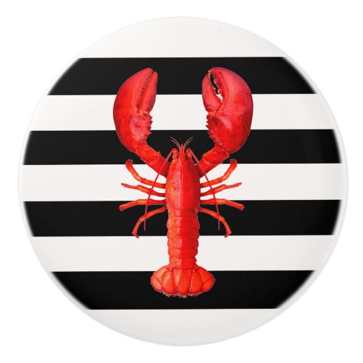 Roter Hummer an Schwarz-weißen nautischen Streifen Keramikknauf (Vorderseite)