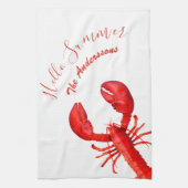 Roter Hummer Weißer hallo Sommername Meeresfrüchte Geschirrtuch (Vertikal)