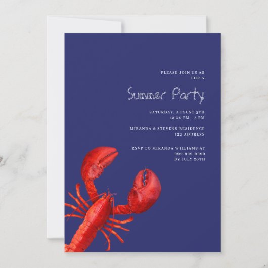 Roter Hummersee im Sommer Party blau Einladung (Vorderseite)