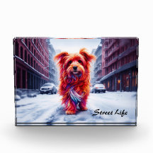 Roter Hund geht die schneebedeckte Winterstraße en