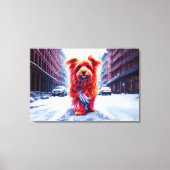 Roter Hund geht die schneebedeckte Winterstraße en Leinwanddruck (Vorderseite)