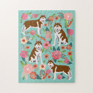 Roter Husky-Hund Vintage-Blumen Puzzle
