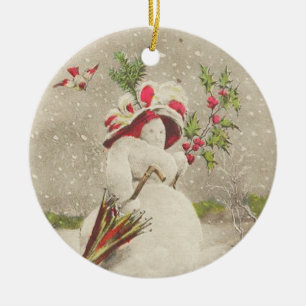 Roter Hut Schneefrau Vintage-Ornament Keramik Ornament