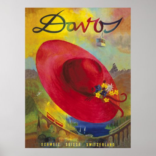 Roter Hut über die Bergkulisse des Sommers, Davos Poster (Vorne)