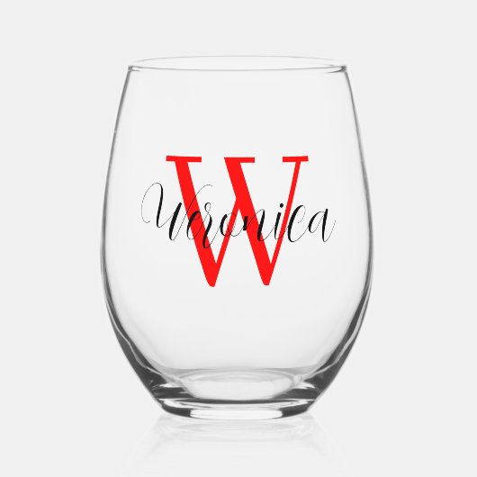 Roter Initial- und Schwarzer Name | elegant Weinglas Ohne Stiel (Vorderseite)