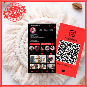 Roter Instagram-Friseur-QR-Social-Media Visitenkarte