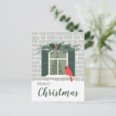 Roter Kardinal am Fenster fröhliche Weihnachten Postkarte (Stehend Vorderseite)