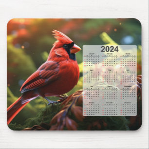 Roter Kardinal auf Baumzweig 2024-Kalender ausgefü Mousepad