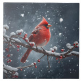 Roter Kardinal auf Baumzweig im Schnee Fliese (Vorderseite)