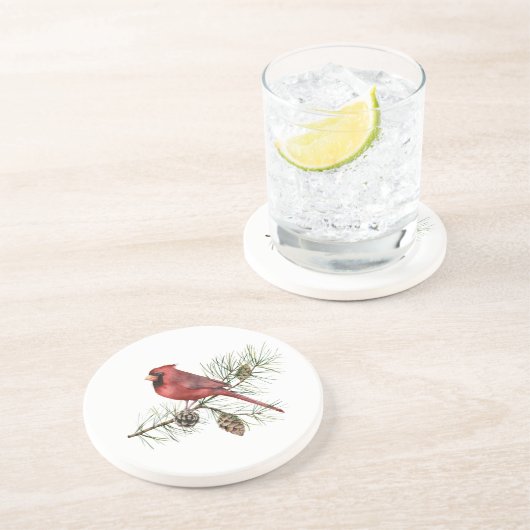 Roter Kardinal auf Branch Pine Cones Getränkeuntersetzer (Seite)