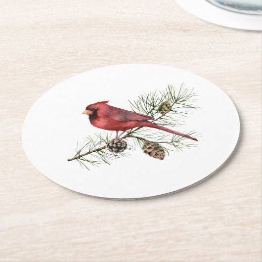 Roter Kardinal auf Branch Pine Cones Runder Pappuntersetzer (Angewinkelt)