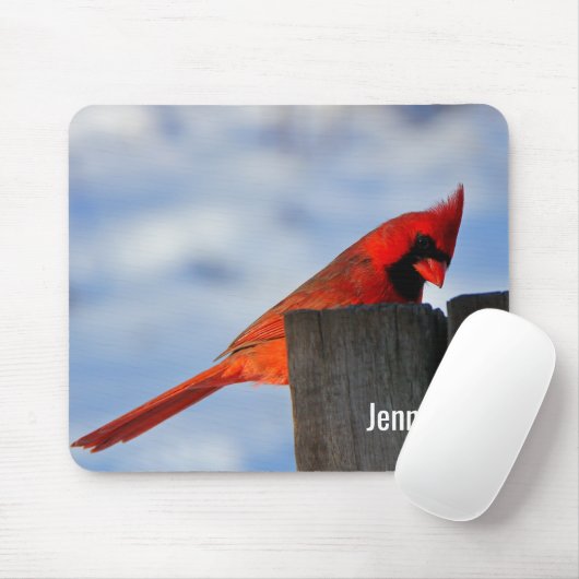 Roter Kardinal auf dem hölzernen Stumpf Mousepad (Mit Mouse)
