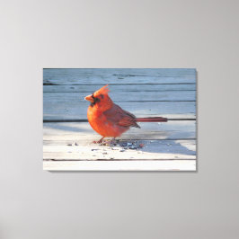 Roter Kardinal auf der Holzbrücke Leinwanddruck
