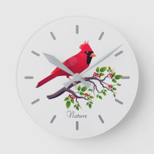 Roter Kardinal auf einem Baumzweig Runde Wanduhr