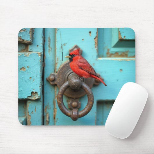 Roter Kardinal auf einem rostigen Türklopfer Mousepad (Mit Mouse)