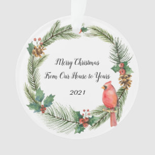 Roter Kardinal auf einem Weihnachtskranz - Aquarel Ornament