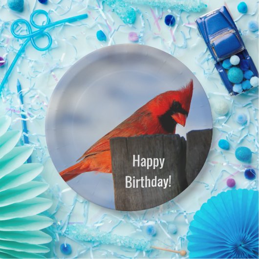 Roter Kardinal auf Holzstumpf Pappteller (Party)
