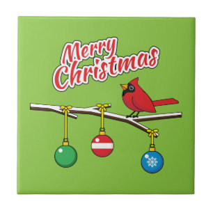Roter Kardinal auf kahlem Weihnachtszweig - Frohe  Fliese