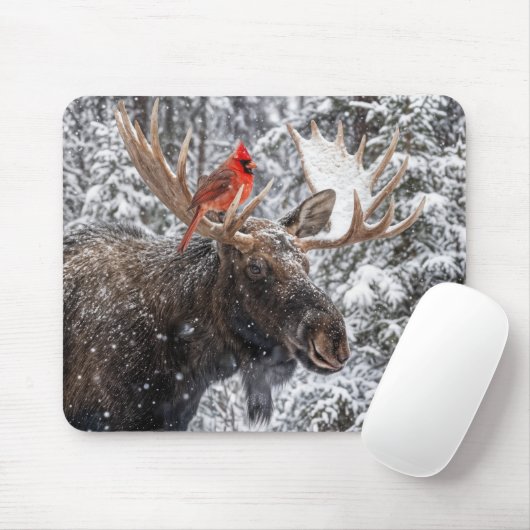 Roter Kardinal auf schneebedecktem Elchgeweih Mousepad (Mit Mouse)