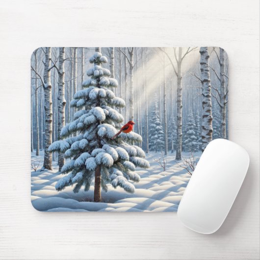 Roter Kardinal auf schneebedecktem Pinienwald Mousepad (Mit Mouse)