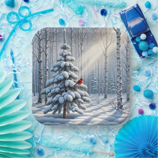 Roter Kardinal auf schneebedecktem Pinienwald Pappteller (Party)