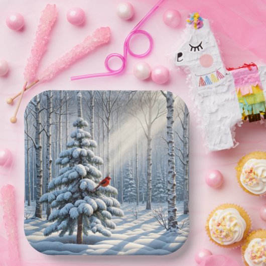 Roter Kardinal auf schneebedecktem Pinienwald Pappteller (Party)