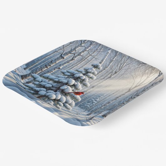 Roter Kardinal auf schneebedecktem Pinienwald Pappteller (Gewinkelt)