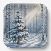 Roter Kardinal auf schneebedecktem Pinienwald Pappteller (Vorderseite)