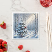 Roter Kardinal auf schneebedecktem Pinienwald Serviette (Beispiel)