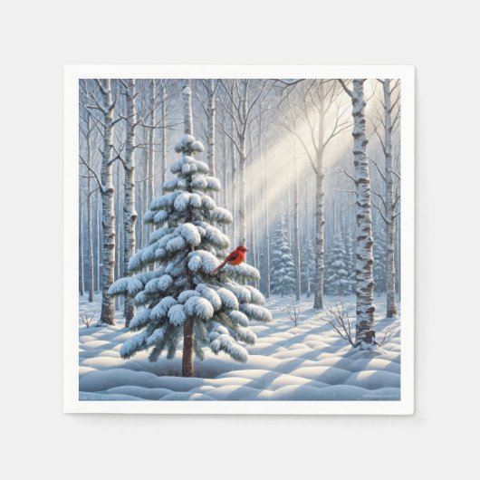 Roter Kardinal auf schneebedecktem Pinienwald Serviette (Vorderseite)
