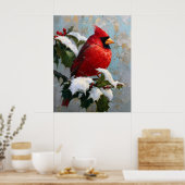 Roter Kardinal auf schneebedeckter Stechpalme Poster (Küche)