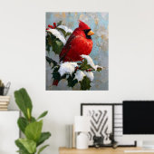 Roter Kardinal auf schneebedeckter Stechpalme Poster (Heimbüro)