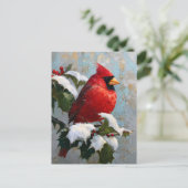 Roter Kardinal auf schneebedeckter Stechpalme Postkarte (Stehend Vorderseite)