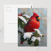 Roter Kardinal auf schneebedeckter Stechpalme Postkarte (Vorne/Hinten)