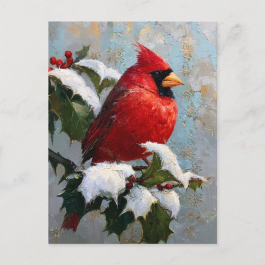 Roter Kardinal auf schneebedeckter Stechpalme Postkarte (Vorderseite)