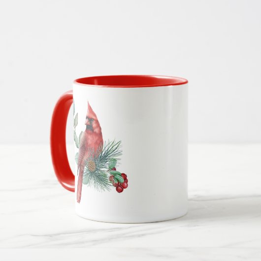 Roter Kardinal auf Weihnachts-Branch Kaffee Tasse (Vorderseite Links)