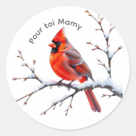 Roter Kardinal-Aufkleber auf verschneitem Ast Runder Aufkleber