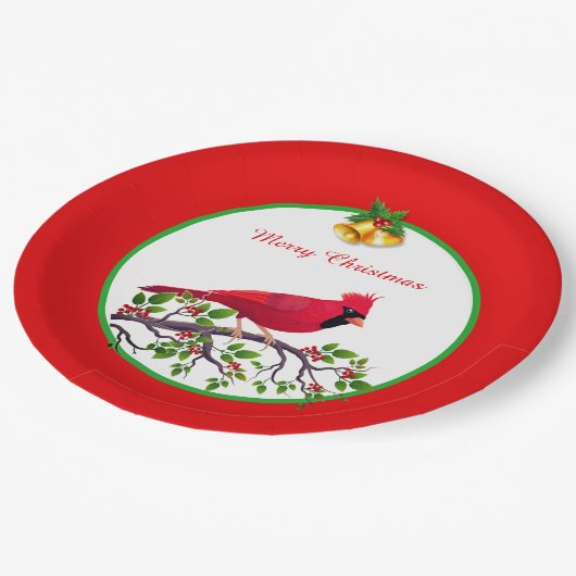 Roter Kardinal Bird auf Baumzweig Pappteller (Schrägansicht)