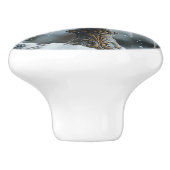 Roter Kardinal Bird auf einem gefrorenen Birdbad A Keramikknauf (Seitenansicht)