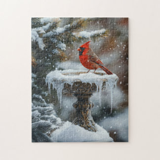 Roter Kardinal Bird auf einem gefrorenen Birdbad A Puzzle